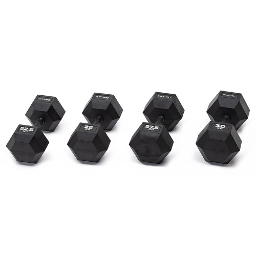 Pesistics - Set Of 4 Pairs Of Hexagonal Rubberized Dumbbells 22.5-30kg With Burnished Grip