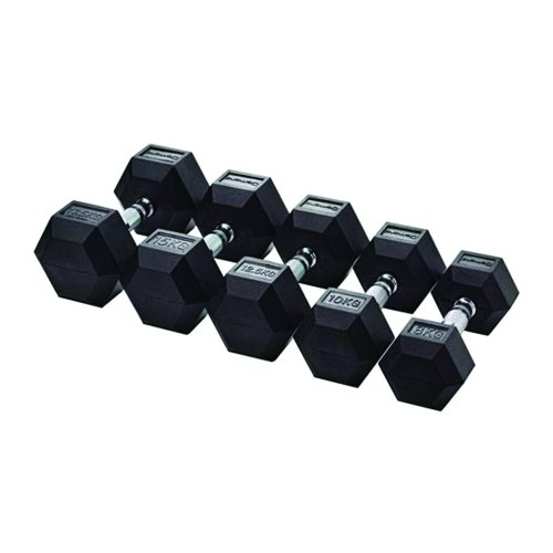 Handlebars - Set Of Pairs Of Rubberized Hexagonal Dumbbells From 2.5 To 25 Kg