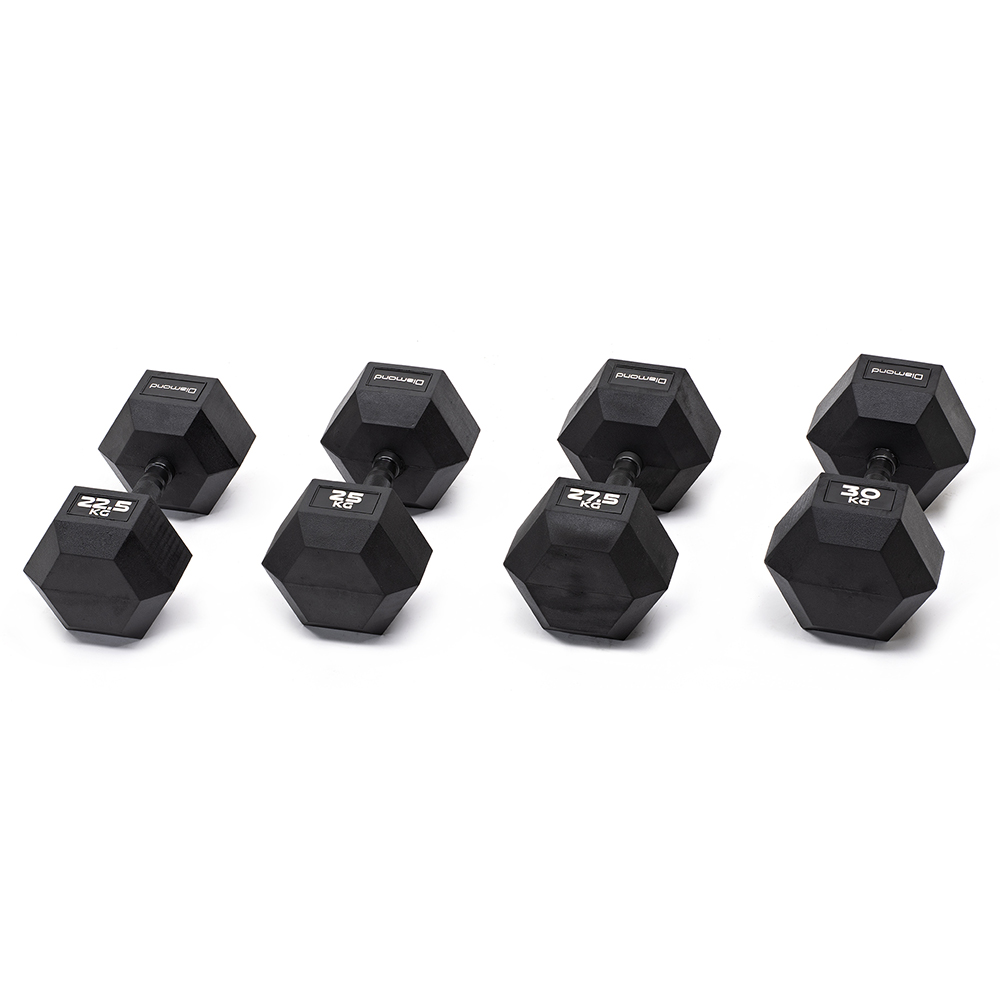 Handlebars - Diamond Set Of 4 Pairs Of Hexagonal Rubberized Dumbbells 22.5-30kg With Burnished Grip
