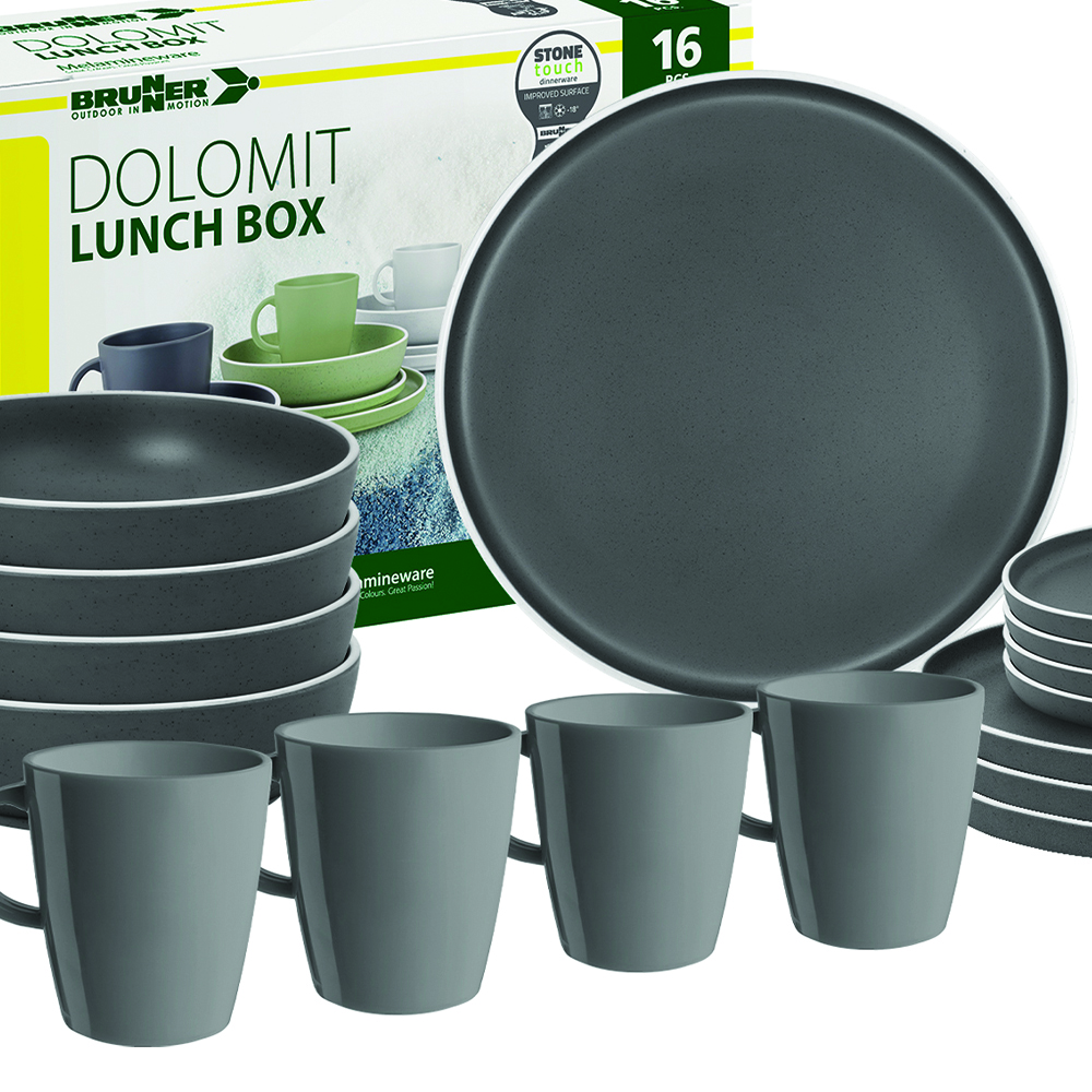Tableware set - Brunner Colored Melamine Dinnerware Set Lunch Box Dolomit Gray 16pcs